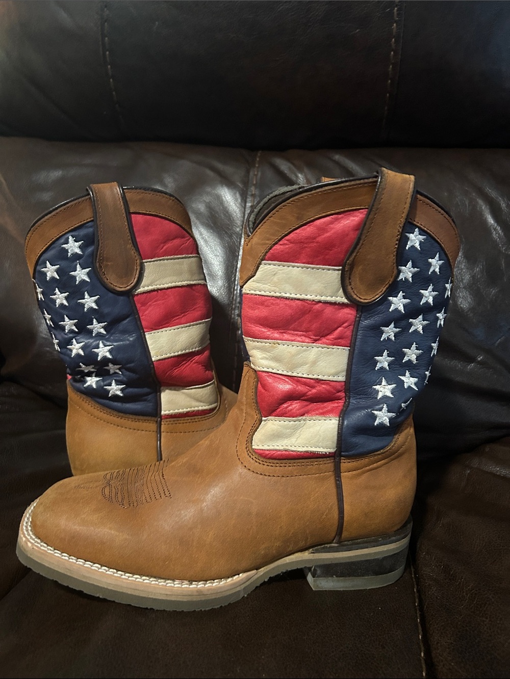 Kids Brown Cowboy Boots with American Flag Shaft